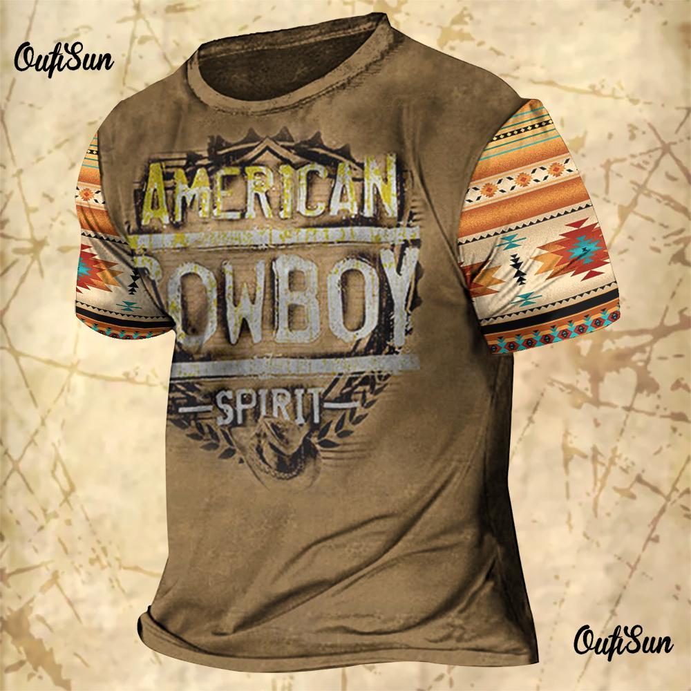 Men's Vintage T-shirts Cowboy Design Western America Tops 3D Printed O-Neck Oversized T-shirt Short Sleeve Streetwear