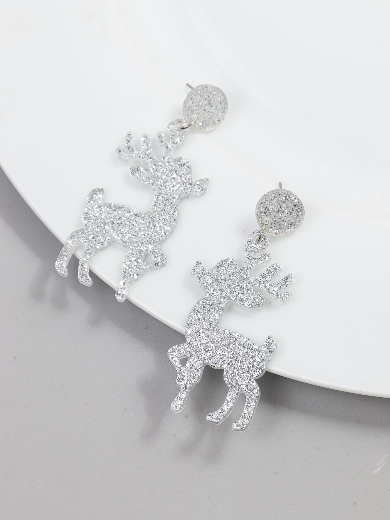 

New Christmas Deer Acrylic Earrings for Women Funny Cute Glitter Silver Color Elk Long Drop Earring Xmas Party Jewelry Gifts