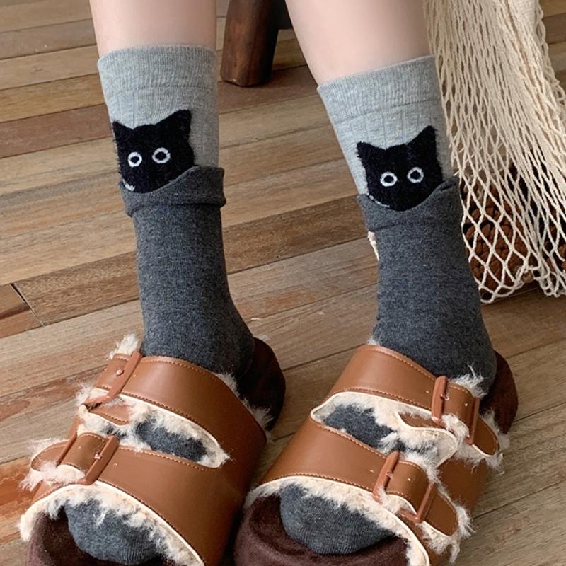1-3pairs Cute Japanese Cartoon Kitten Mid Socks Women's Autumn and Winter Warm Stacking Socks Versatile Mid Socks