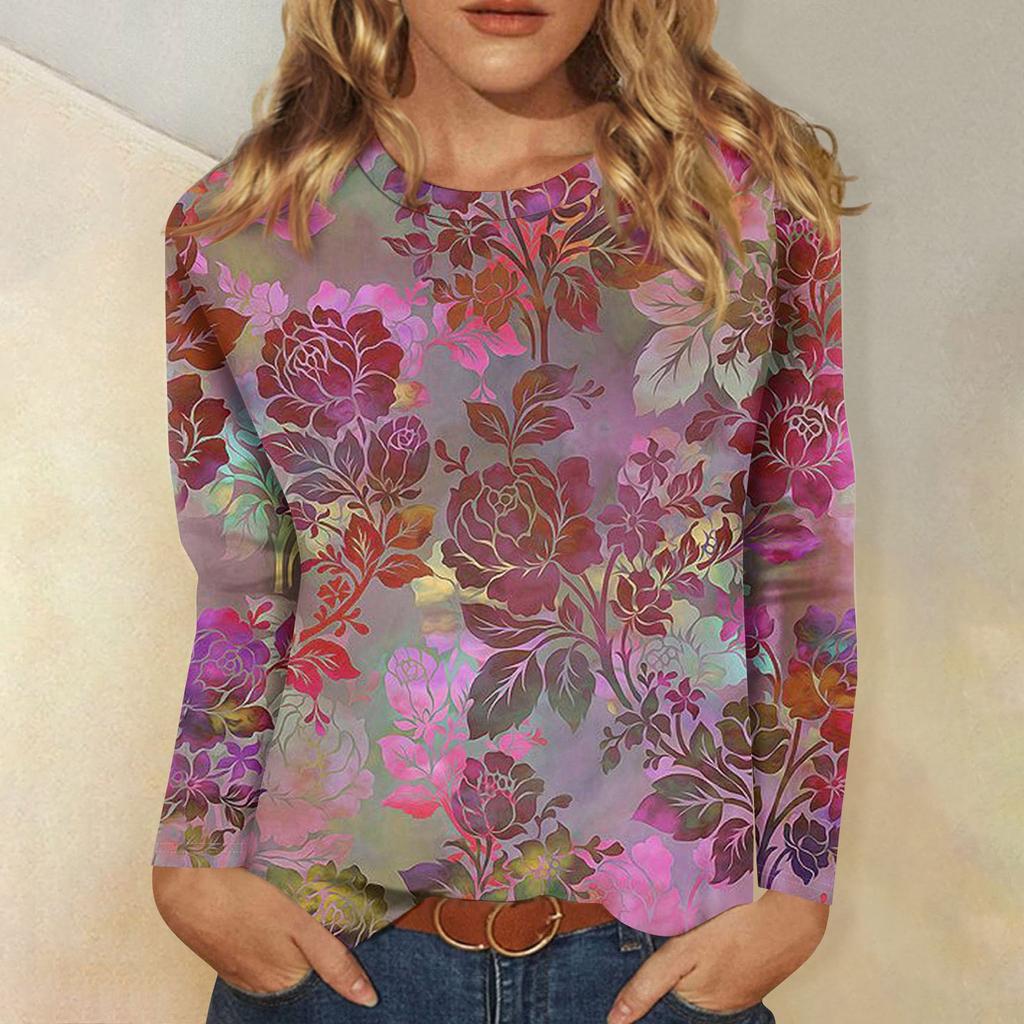 Women's Basic Long-sleeved T-shirt, Round Neck, Leaf Print, Plain Top, Everyday Pullover, Party Gift, Versatile T-shirt