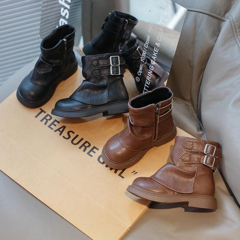 2024 Children Short Boots for Girl Winter New Fashion British Style Soft Bottom Anti-slippery Casual Versatile Warm Leather Shoe