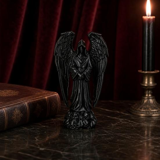 3D Printed Sculpture Decoration, Dark Gothic Angel Decoration with Detailed Feather Texture, Matte Black Figurine for Home Office Halloween Gift