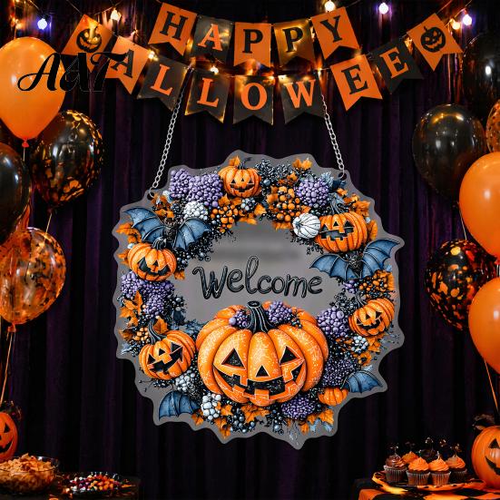 Halloween Decoration for Front Porch Pumpkin Pendant with Hanging Chain Waterproof Acrylic Welcome Spooky Plaque Sign Door Window Wall Indoor Outdoor