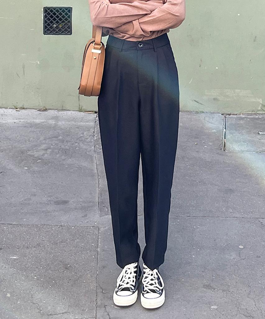 Ppaeppae High-Waisted Two-Pintuck Semi-Wide Slacks