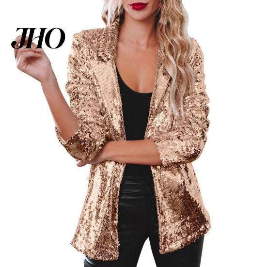 Sequin Outerwear Women's Jacket Shiny Open Front Blazer Evening Women Party Sparkly Long Sleeve Cardigan Coat with Pockets Elegant