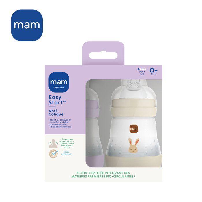 Lot de 2 Biberons - MAM - Easy Start - Anti-colique - 160 ml - Tétine débit 1 - Lilas + Sable