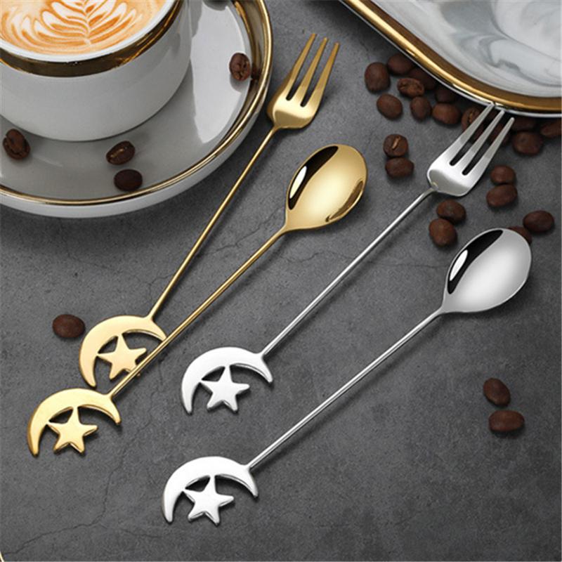 Star Moon Spoon Fork Stainless Steel Small Spoon Fashion Aternoon Tea Tableware Fruit Dessert Forks Coffee Tea Mixing Spoons