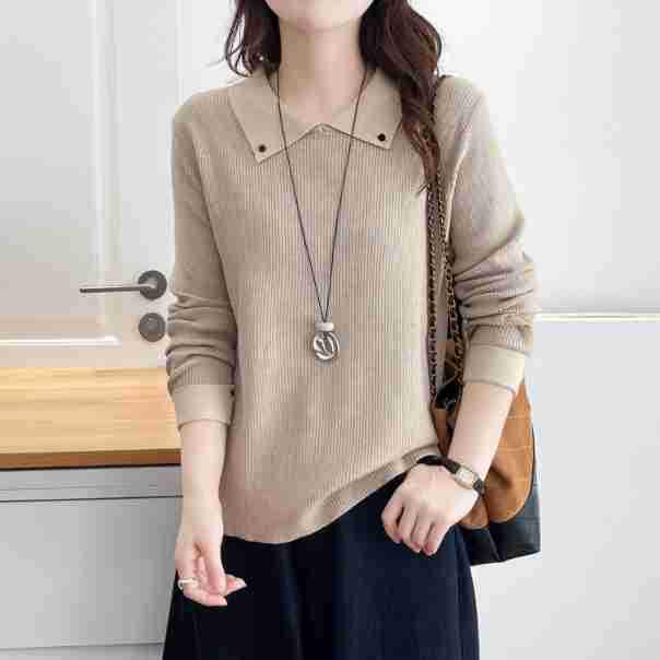 

F51 Plus Size Women s Slimming Small Lapel Color Block Knit Sweater – Autumn/Winter Korean Style for Chubby Girls XL (120-140 jin) абрикосовий