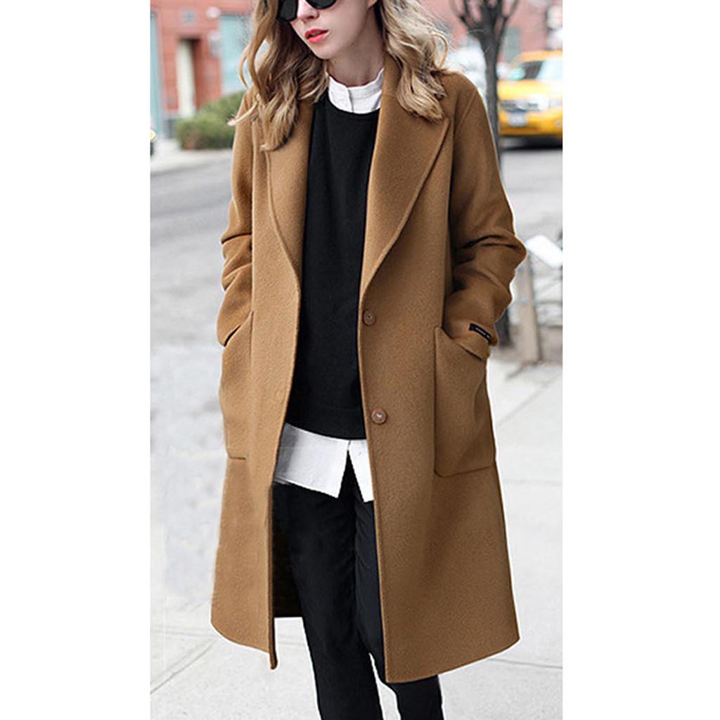 Womens Winter Lapel Button Long Trench Coat Jacket Ladies Overcoat Outwear