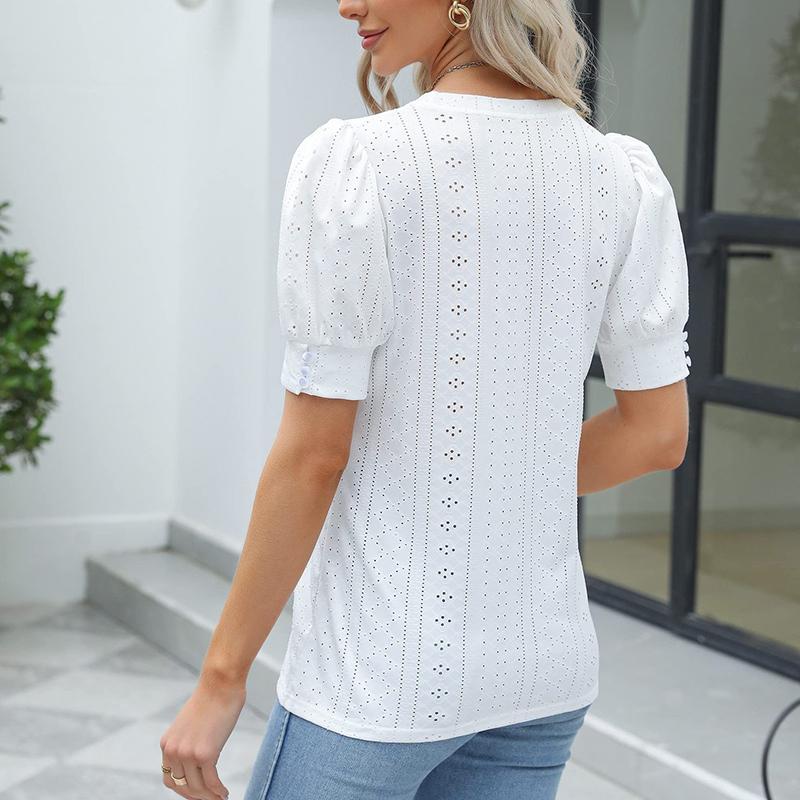Ladies Summer Button Short Sleeve O Neck Solid Color Hollow Breathable Pullover T Shirt Top