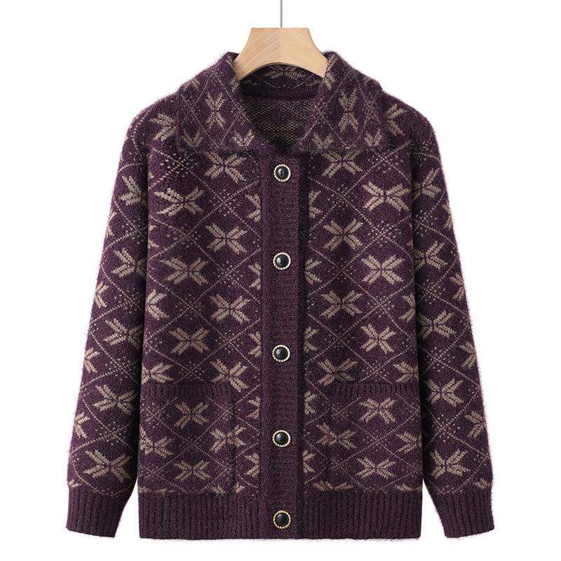 

Women s Spring/Fall Knit Cardigan for Mature Women with Long Sleeves and Lapel Collar M