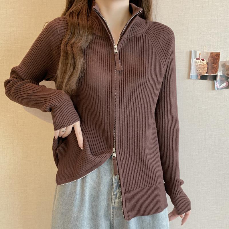 Autumn and winter double zipper stand-up neck sweater jacket women's shoulder knitted sweater