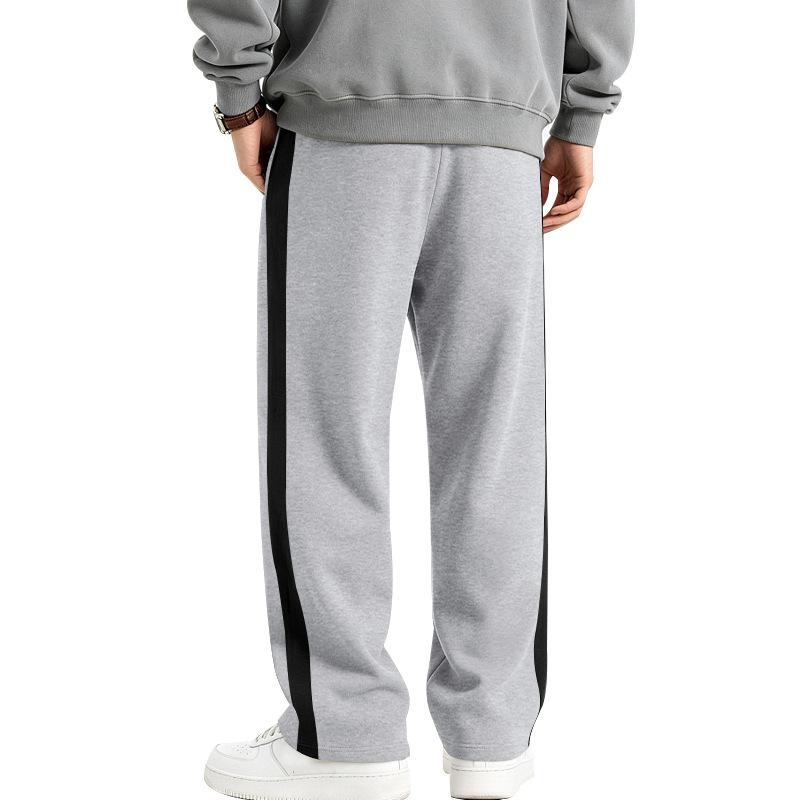 Pantaloni de trening largi pentru bărbați, căptușiți cu fleece, tricotaj greu, dungă contrastantă laterală, șnur, croială largă, casual, sport