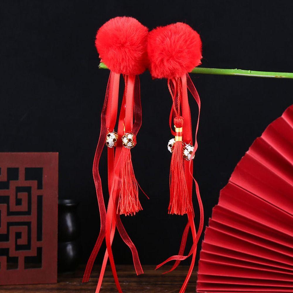 Year Tassel Red Flower Chinese Hanfu Hair Clips Festival Hairpins Children Barrettes Duckbill Clips