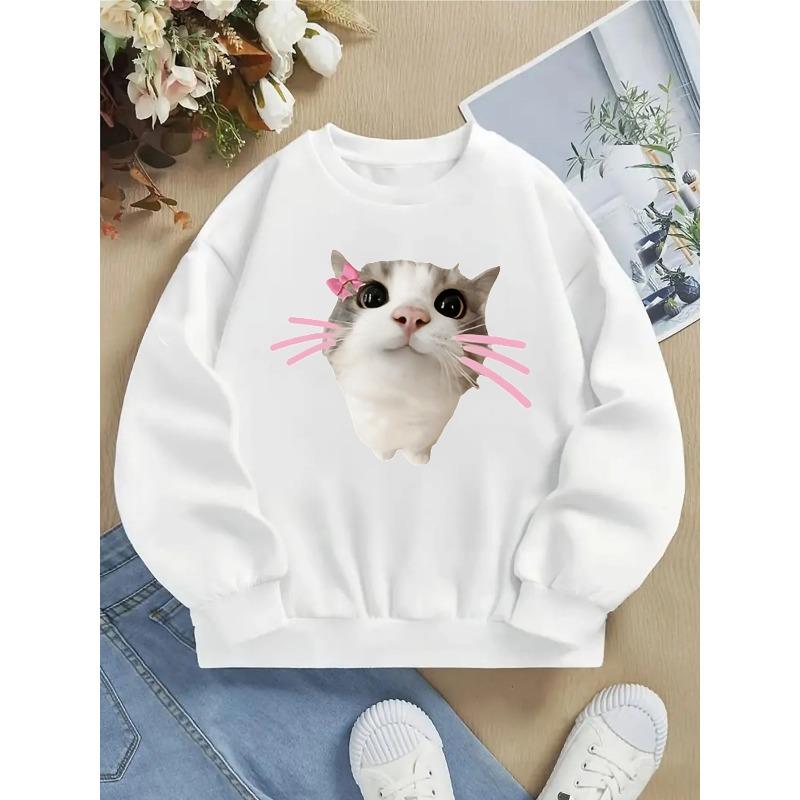 Cute Cat Face Decor Girls' Fashionable Crewneck Sweatshirt, Autumn and Winter Western Style Top, Children's Long Sleeved T-shirt,