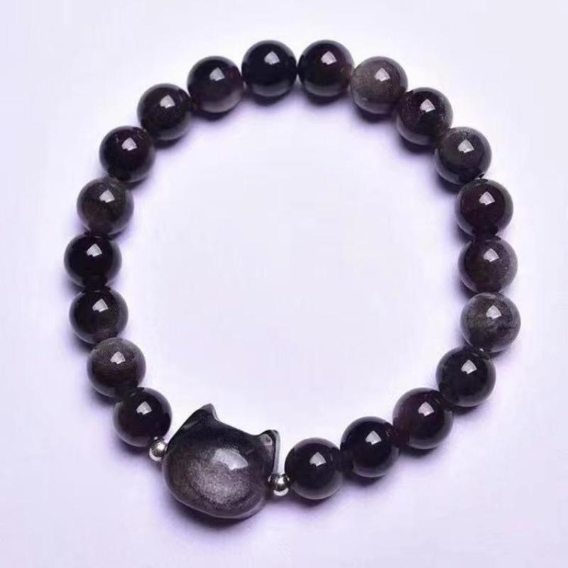1pc Natural Obsidian Beaded Bracelet for Women, Cute Cat Head Black Crystal Bracelet, Handmade Elastic Gemstone Bangle, Dainty Protection Jewelry Gift