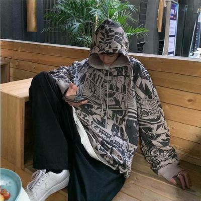 Spring and Autumn Men's Hooded Sweater Cartoon Print Hooded Loose Jacket