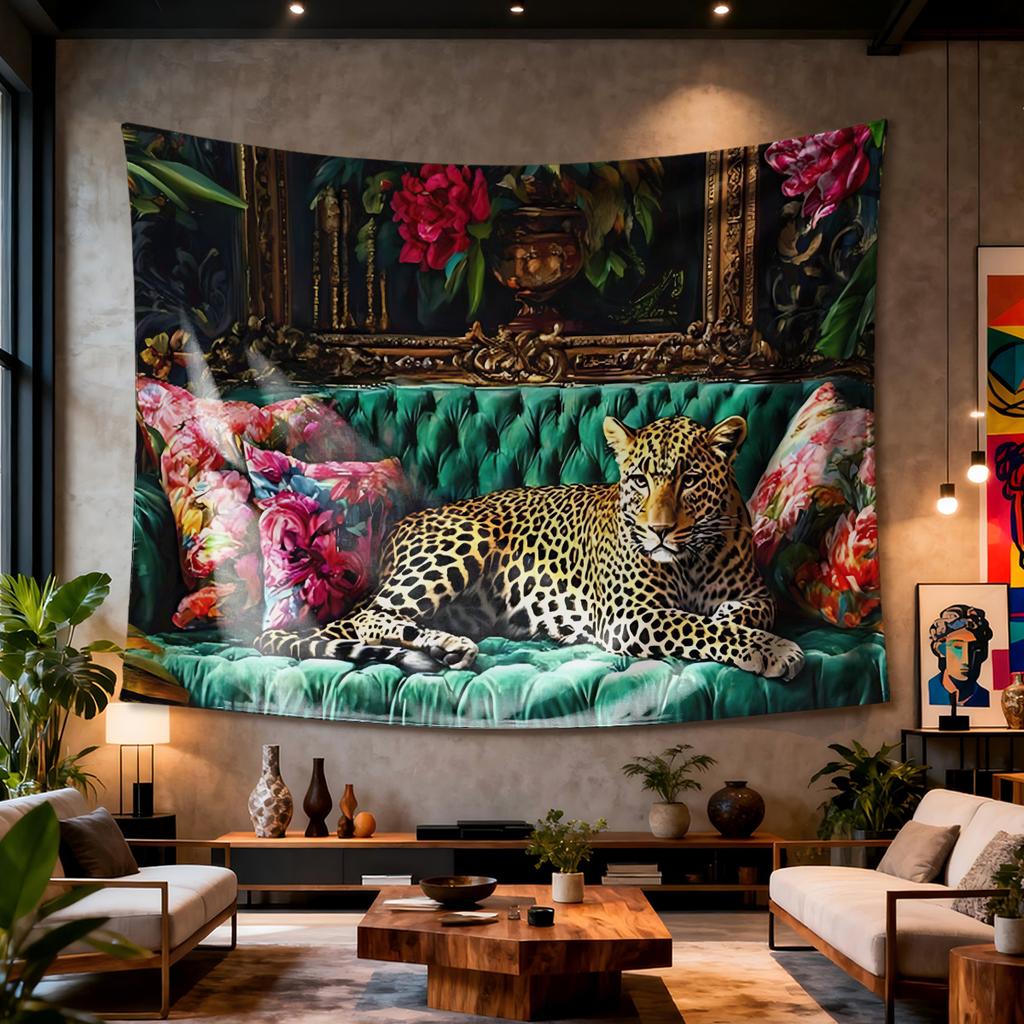 Leopard Sofa Tapestry  Floral Background Realistic Art Polyester 5161 in for Bedroom or Dorm