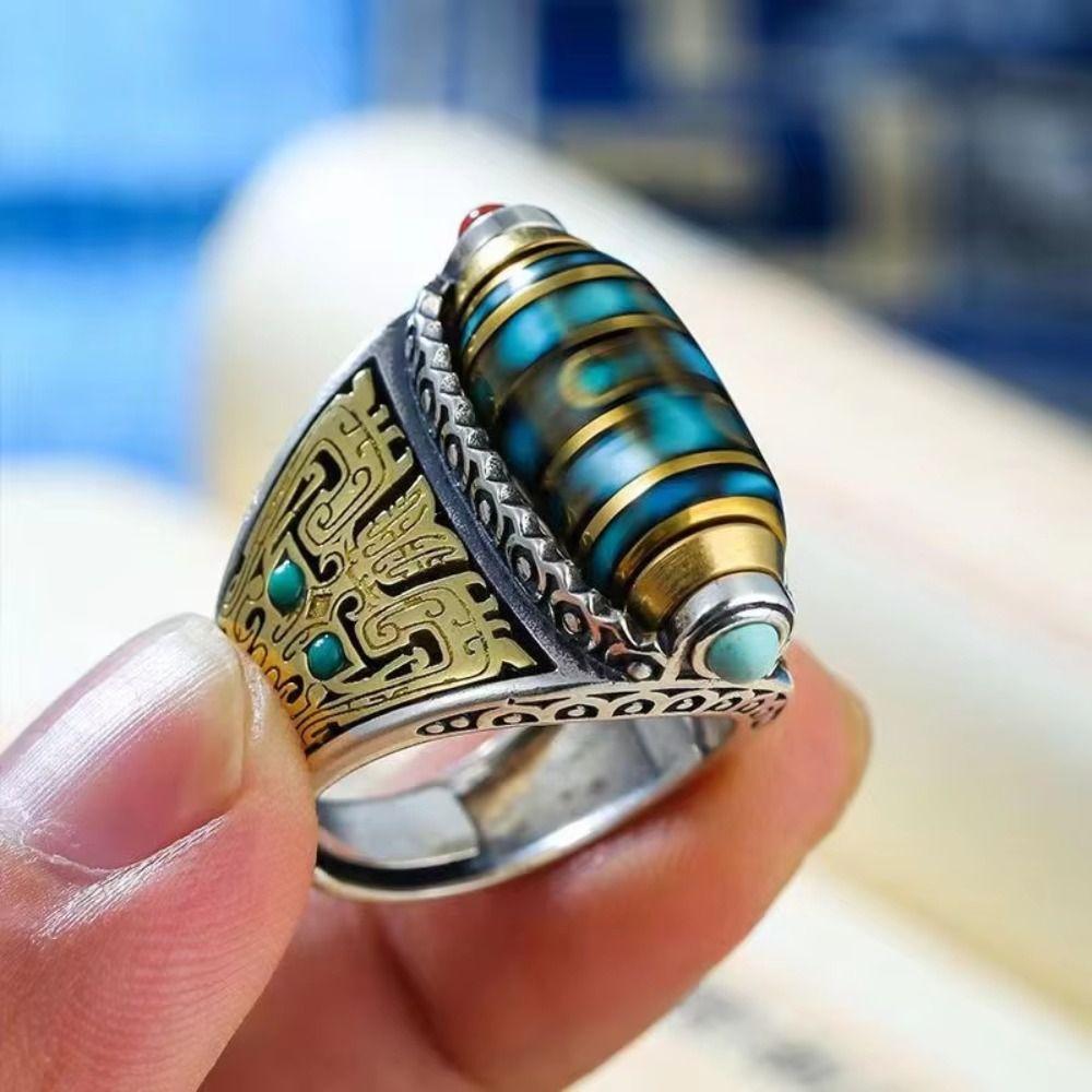 Open Luck Ethnic Style Ring Six-character Mantra Rotatable Finger Ring Nine Turns Dzi Ring For Men
