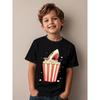 European Sizes Boys' Funny Great White Shark Eating Popcorn Graphic T-Shirt - Movie Night Theme Casual Short Sleeve Round Neck Tee with Cartoon Design
