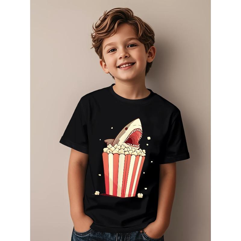 European Sizes Boys' Funny Great White Shark Eating Popcorn Graphic T-Shirt - Movie Night Theme Casual Short Sleeve Round Neck Tee with Cartoon Design