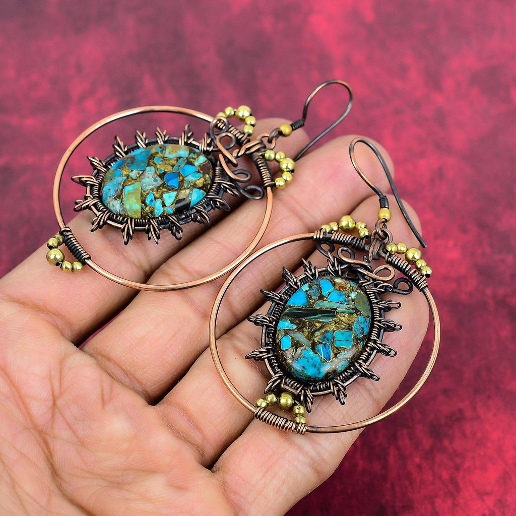 Kupfer Chrysokoll Ohrring Kupferdraht umwickelter Ohrring Handgemachte Edelsteinohrringe Kupferschmuck Zarter Ohrring Geschenke für sie Drahtschmuck