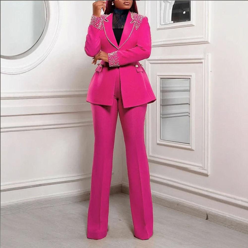 Costum european și american cu perle, slim fit, elastic - Set din două piese, cu mânecă lungă