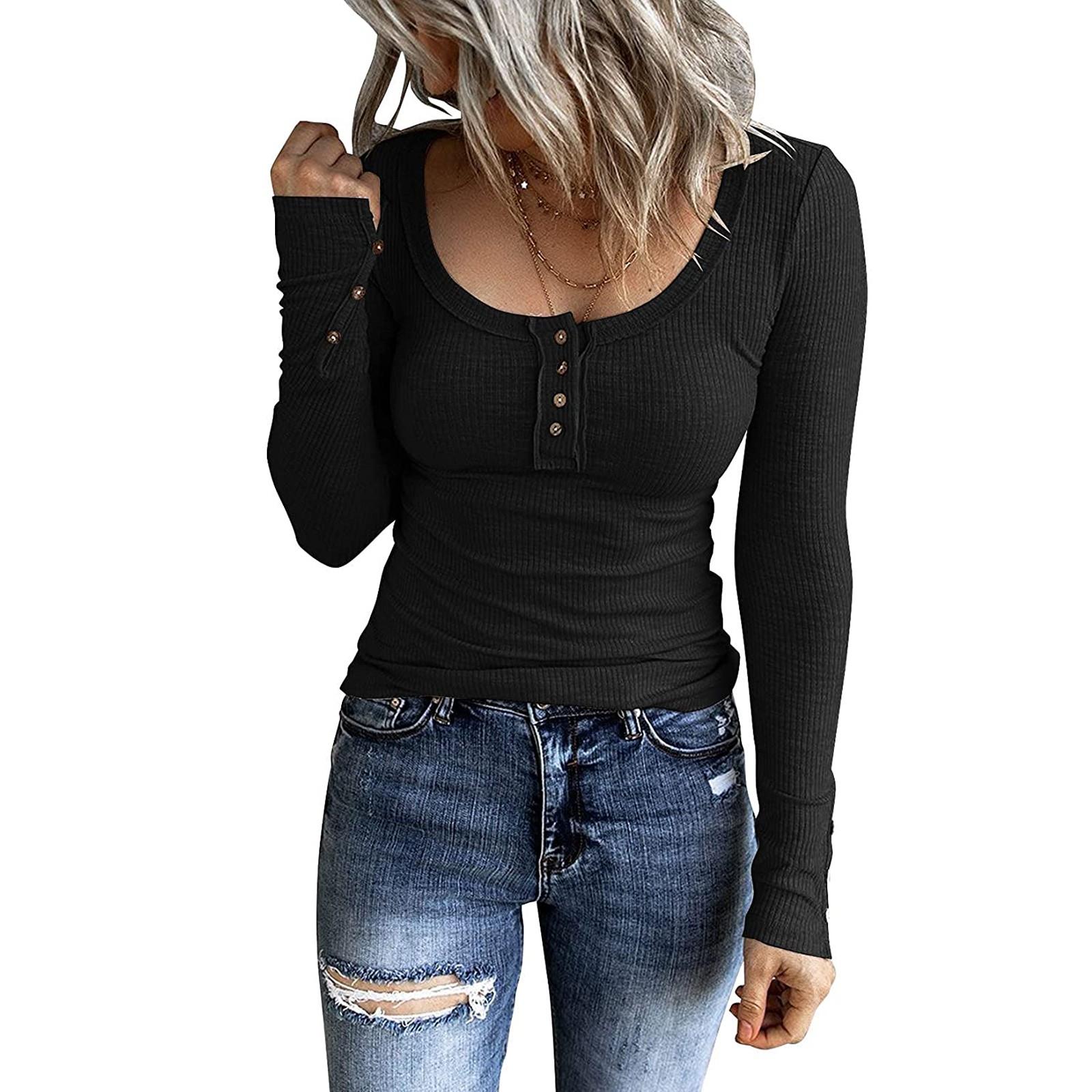 

Women s Long Sleeve Tops Casual Shirts Button Down Blouses Basic Ribbed Knit T Shirts M чорний