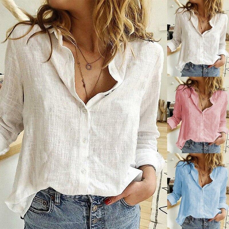 Camicia da Donna Estiva con Collo a Revers Sottile Fresca in Cotone e Lino Elegante Scollo a V Manica Lunga Camicia da Signora