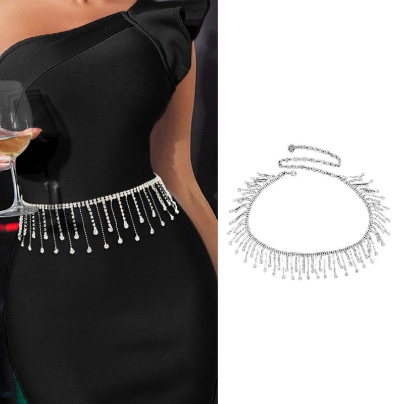 Lightweight Metal Waist Chain for Women Lady Dress Belt with Rhinestone Fringe Female Disco Party Dress Waist Rope