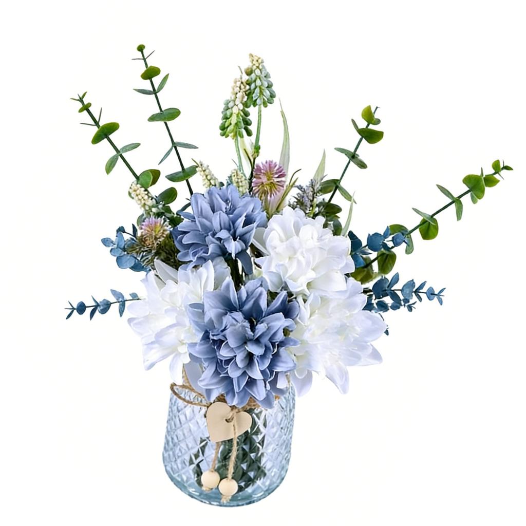 Artificial Flowers with Glass Vase Anti Wilting Anti Fading Realistic Faux Roses for Home Living Room Decor White Blue