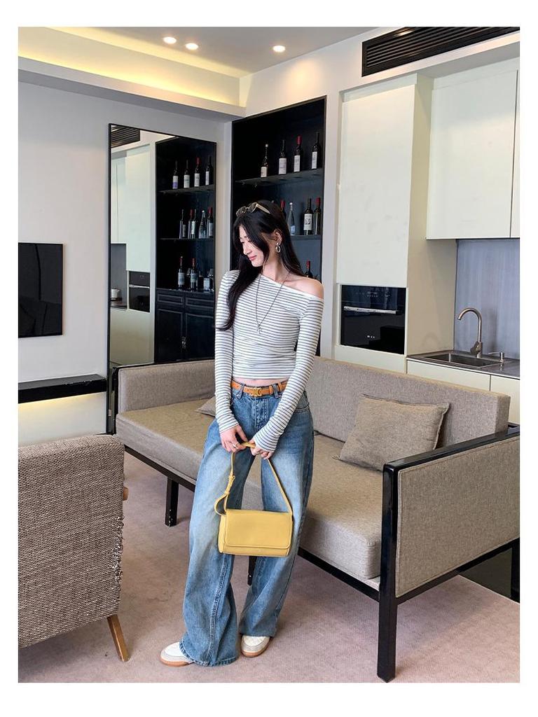 Chic Spicy Girl Striped One-Shoulder Slim Long-Sleeve Top – Women's Autumn/Winter Korean Style