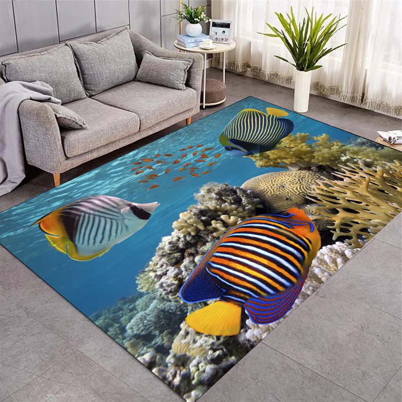 Colorful Tropical Fish Coral Reef Ocean Print Area Rug Marine Animal Non‑Slip Rectangular Floor Mat Living Bedroom Home Decor Rug