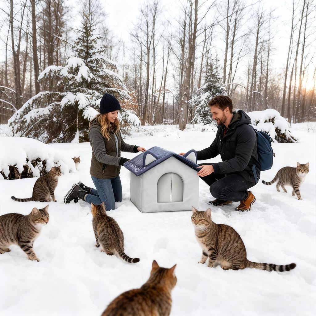 Casa de Gato para Exterior Inverno Isolada Cama de Dormir para Animal de Estimação Abandonado Caverna Aquecedora para Animais de Estimação Resistente ao Frio para Jardim Pátio Quintal