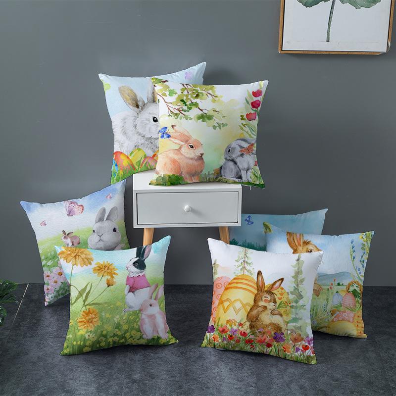 New Easter Pillowcase Watercolor Flowers Rabbit Home Pillow Cushion Cover