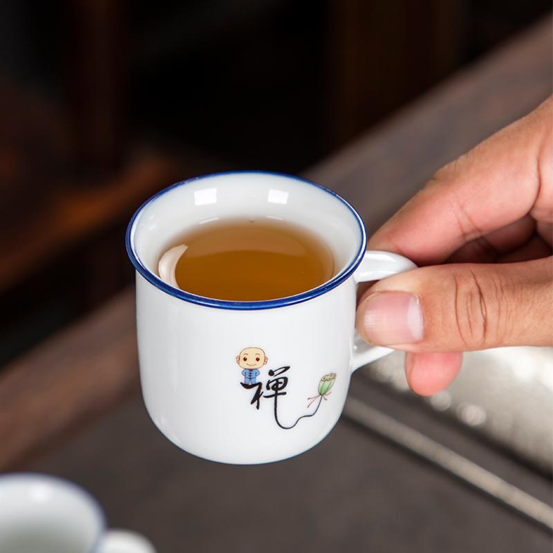 Household Tea Cup Set, White Porcelain, Kung Fu Tea Set, Ceramic Teapot with Handle, Zen Inspired Cartoon, 1 Pot, 6 Cups