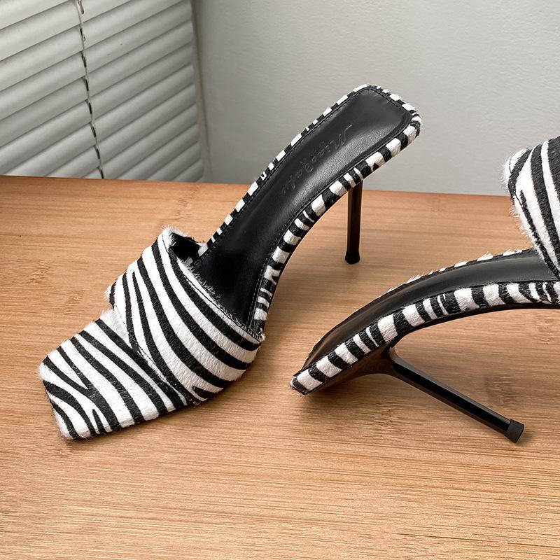 

New square head thin heel zebra pattern with beautiful temperament high heel sandals slippers women 40