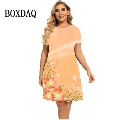 Vestido de Mujer con Flores Graduales Elegante Moda Vestido de Manga Corta Ropa Oversize para Mujer Casual Vintage Cuello Redondo Estampado Vestidos Sueltos