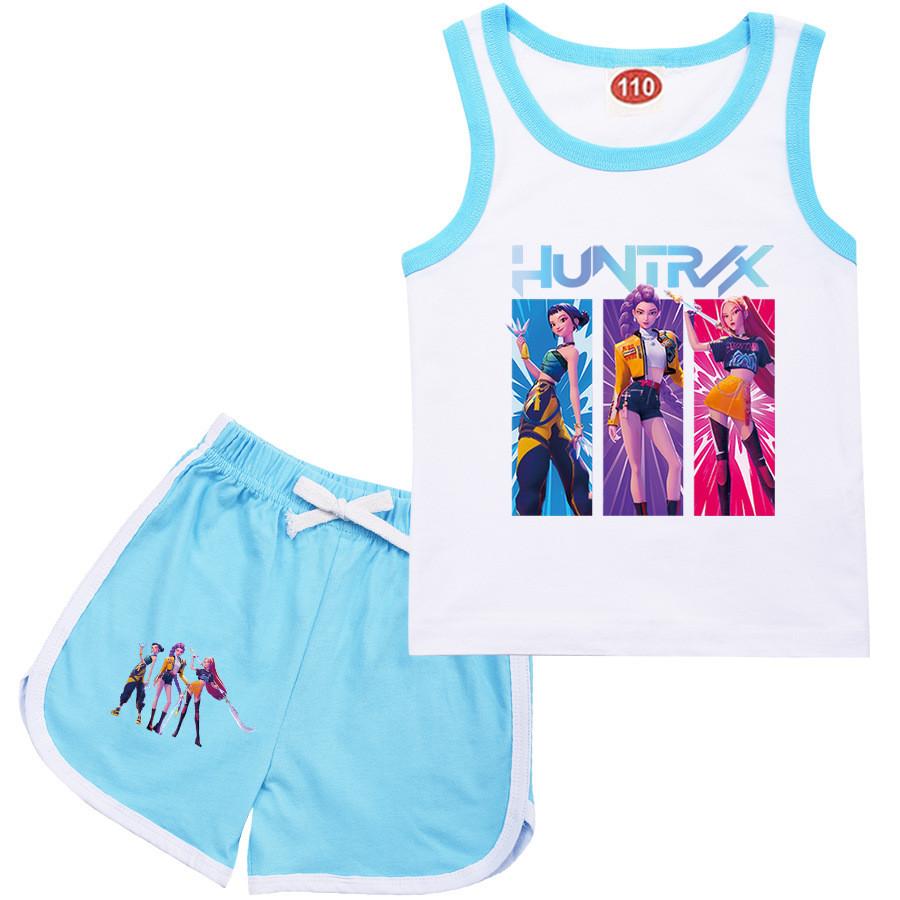 Kinder Mädchen Anime Cartoon K-Pop Rumi Aufdruck Baumwolle Ärmelloses T-Shirt Tanktop Shorts Kleidung Set