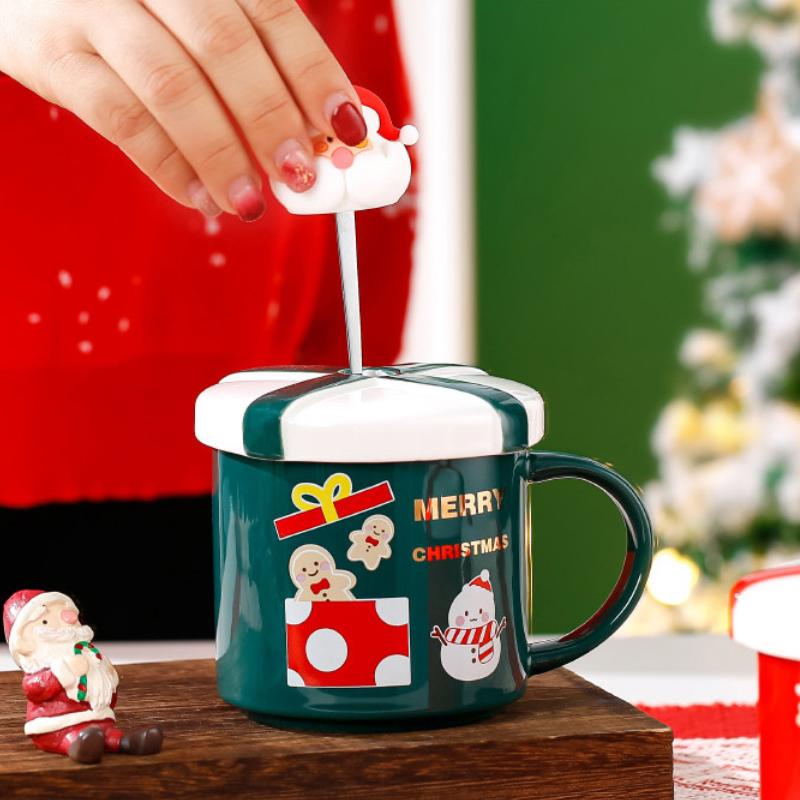 400ml Creative Cartoon Snowman Christmas Ceramic Cup with Lid Couple Tea Cups Household Breakfast Dessert Oatmeal Mugs Drinkware