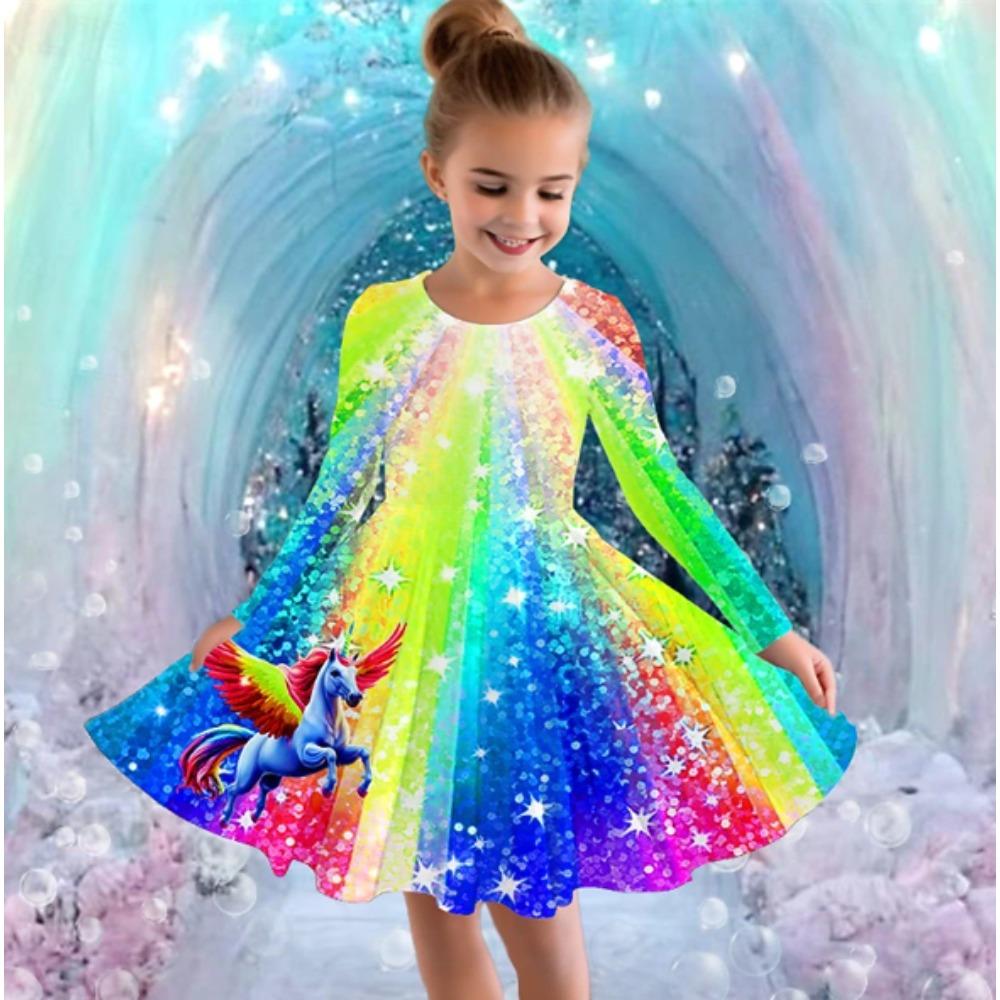Mädchen Freizeitkleid mit 3D-Einhorn-Print, Rundhalsausschnitt, lange Ärmel, Kinder Prinzessinenkleid