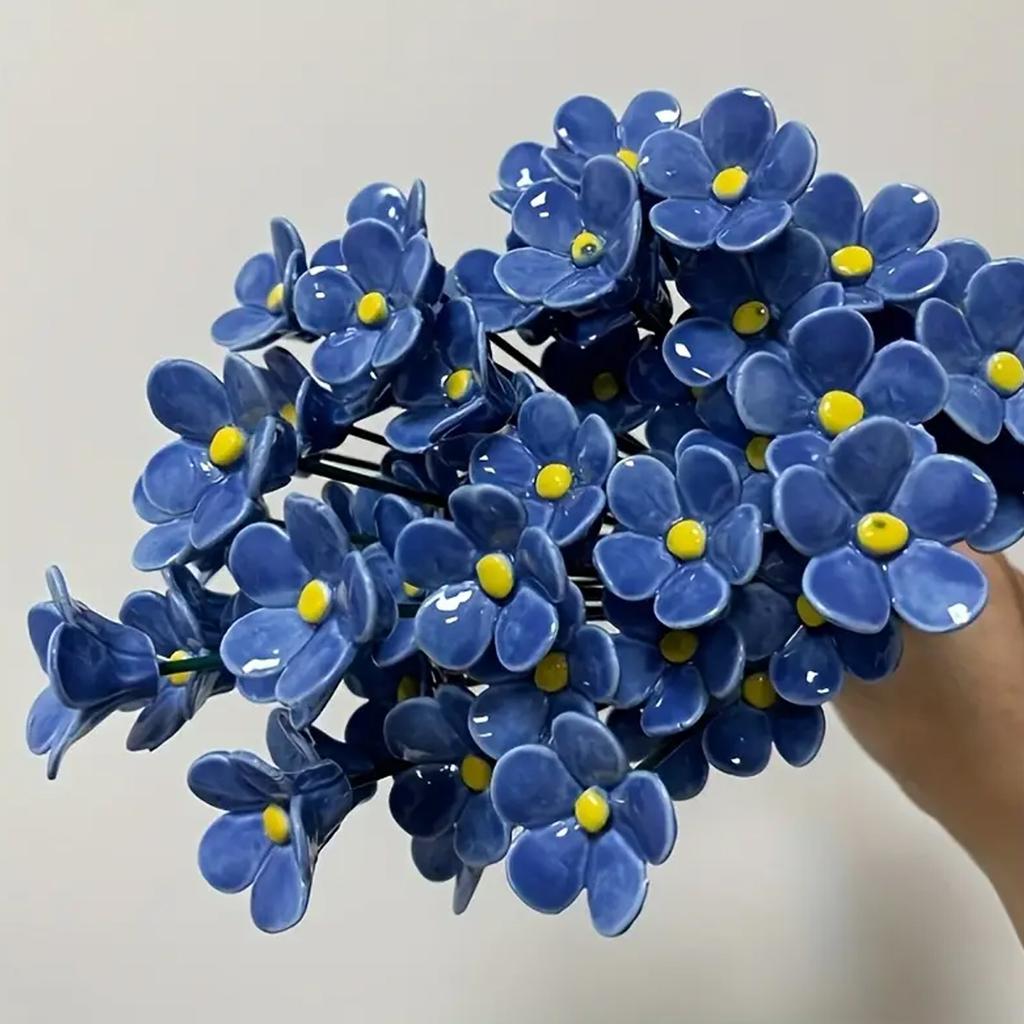 Blue Ceramic Forget-Me-Not Artificial Flowers, 14.56-Inch Fade-Resistant, for Indoor and Outdoor, Decorating Vases, Lawns