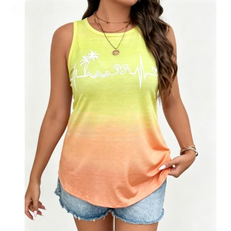 Plus Size Summer Women Elegant 3D Print Vest Vacation Beach Style Shirt Tops Casual Sleeveless Crew Neck Curve Clothing