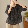 Summer New Style All-match Vintage Style Temperament Summer Seven-inch Sleeve Shirt Round Neck Button Floral Refreshing Top