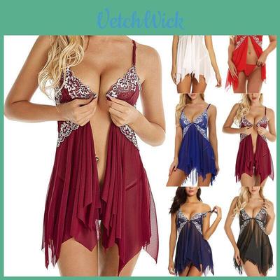 Alluring Plus Size Women's Sexy Lace Babydoll Nightdress With Deep V-neck And Sheer Mesh