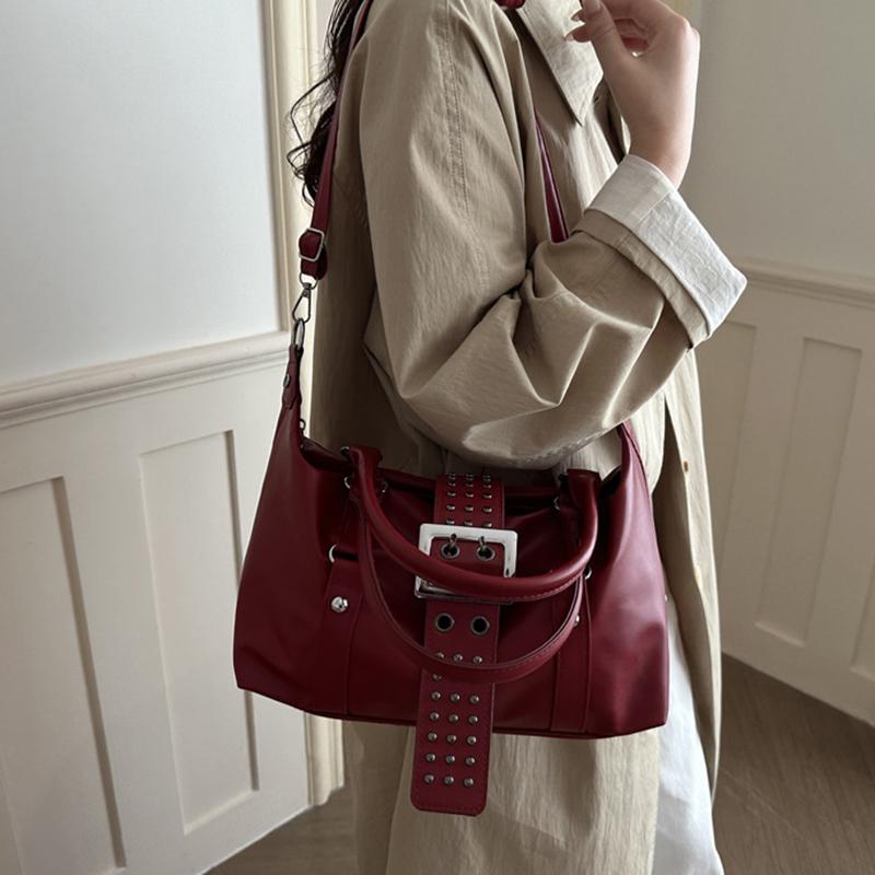 Yogodlns Women Y2K Bowling Handbag Retro Metal Buckle Design Shoulder Bag Vintage Faux Leather Detachable Strap Crossbody Bag for Shopper