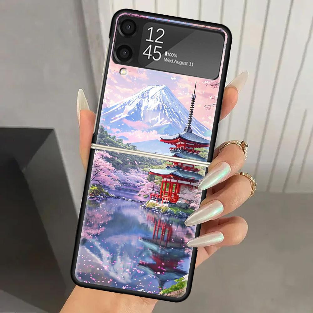 Japanese Cherry Mount Fuji Hard PC Phone Case For Samsung Galaxy Z Flip 7 6 5 4 3 Black ZFlip7 ZFlip6 Flip5 Flip4 Flip3 5G Print