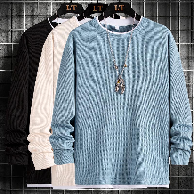 Men's Long Sleeve Waffle Knit Crew Neck Pullover - Trendy Spring/Autumn Casual Top