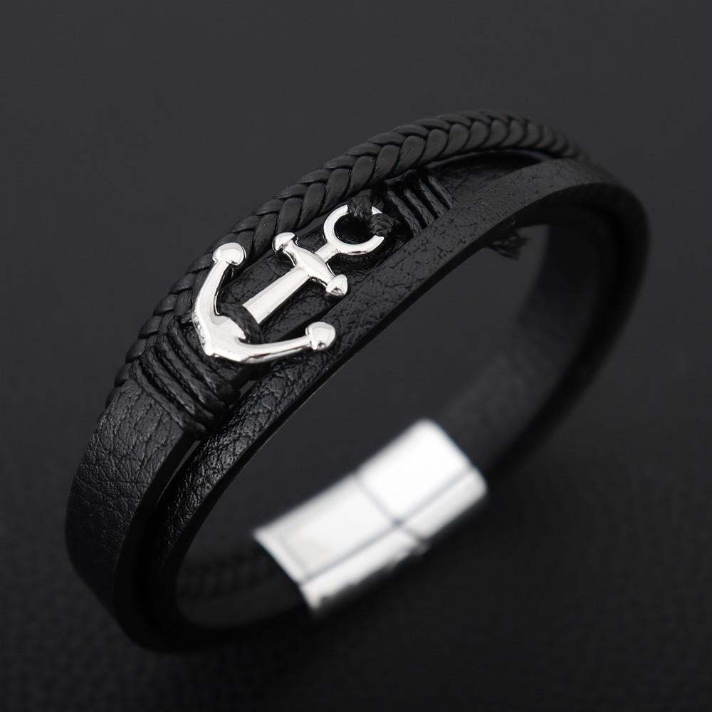 Handmade Leather Bracelet for Men Woven Metal Steel Boat Anchor Bracelet Fashion National Style Jewelry