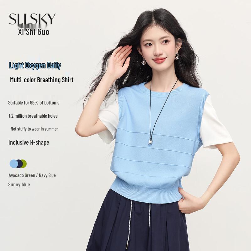 Korean Chic Faux Two-Piece Knit Short Sleeve Top M